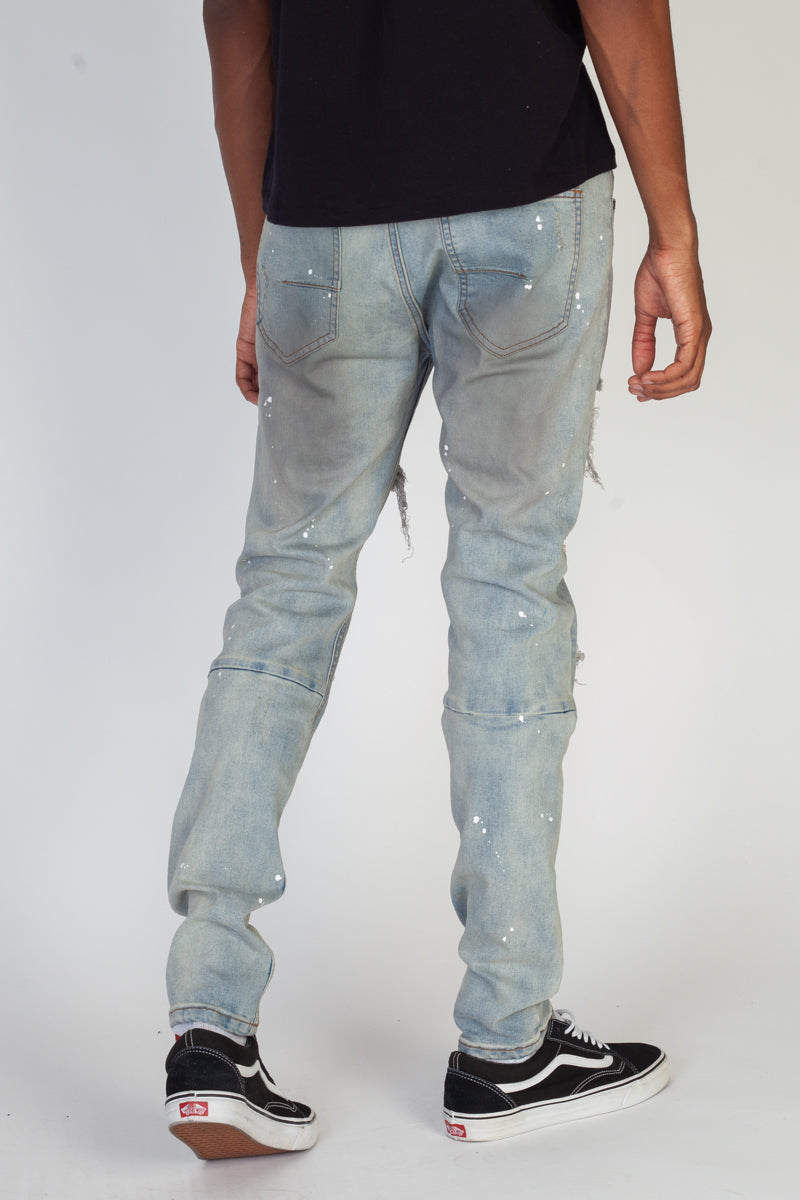 Pintucked Patched Skinny Jeans (Blue) (4571257143398)