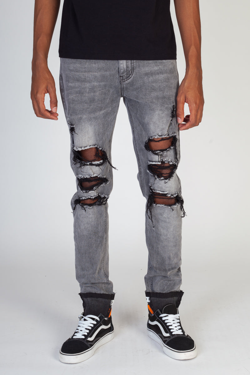 Destroyed Skinny Jeans With Printed Ankle Cuff (Medium Gray) (4605122838630)