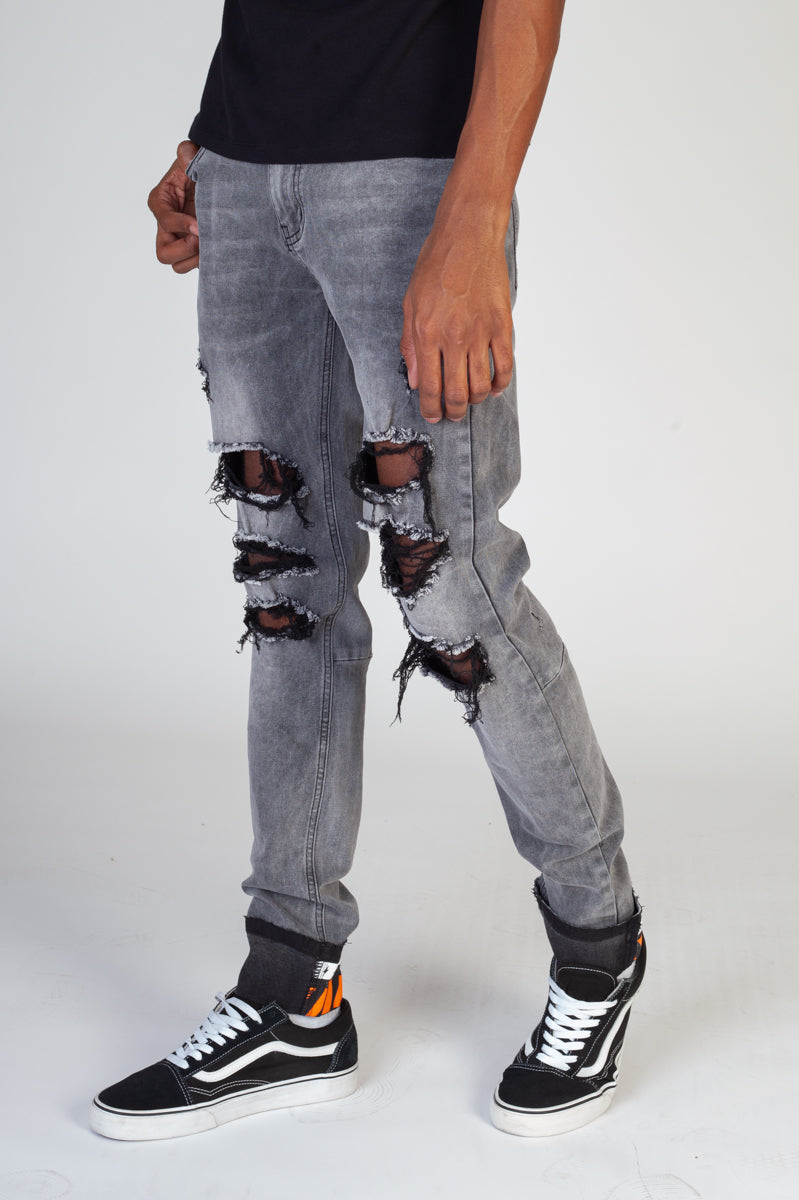 Destroyed Skinny Jeans With Printed Ankle Cuff (Medium Gray) (4605122838630)