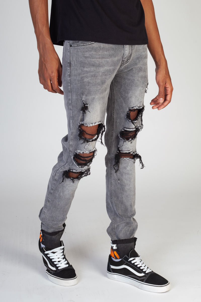 Destroyed Skinny Jeans With Printed Ankle Cuff (Medium Gray) (4605122838630)