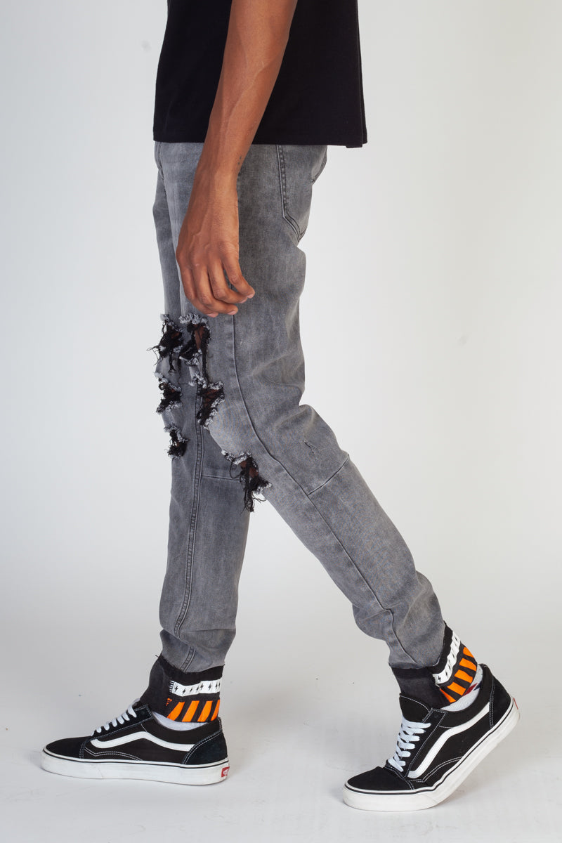 Destroyed Skinny Jeans With Printed Ankle Cuff (Medium Gray) (4605122838630)