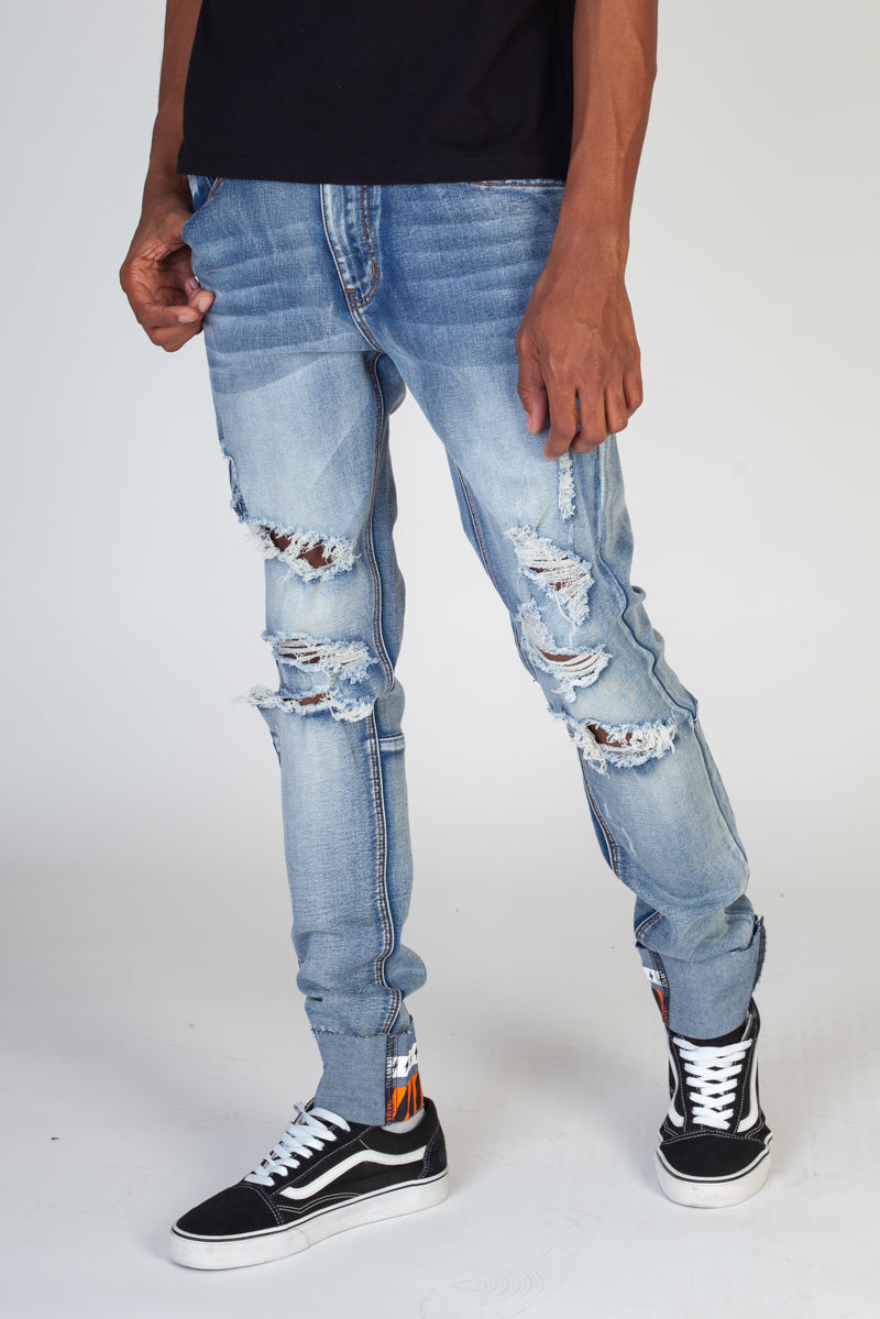 Destroyed Skinny Jeans With Printed Ankle Cuff (Medium Blue) (4605137158246)