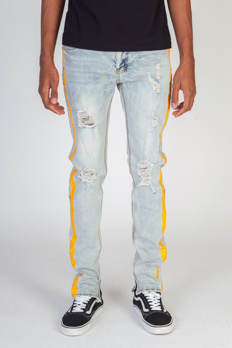 Distressed Side Stripe Jeans (Blue) (3961236160614)