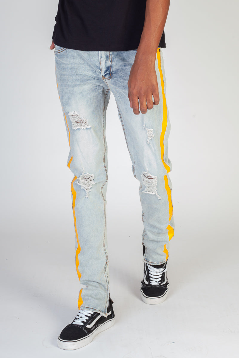 Distressed Side Stripe Jeans (Blue) (3961236160614)