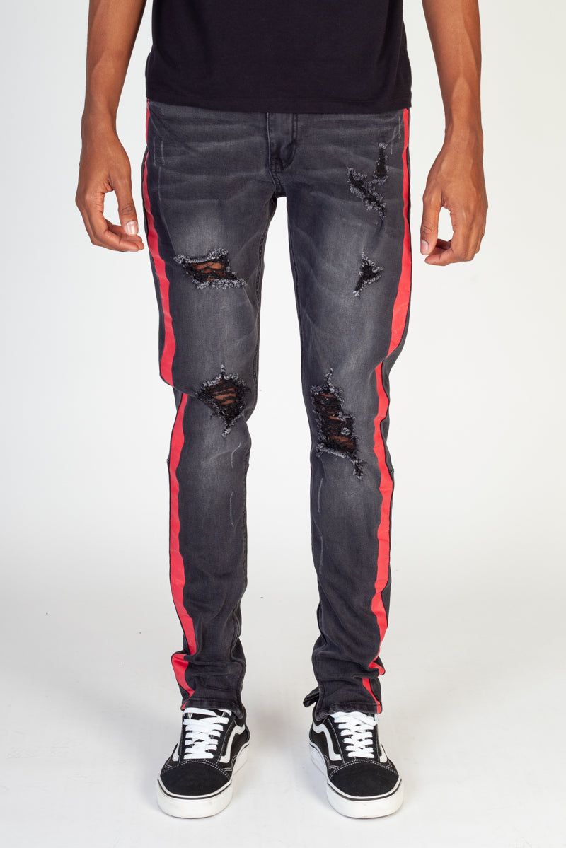 Distressed Side Stripe Jeans (Black) (3961236881510)