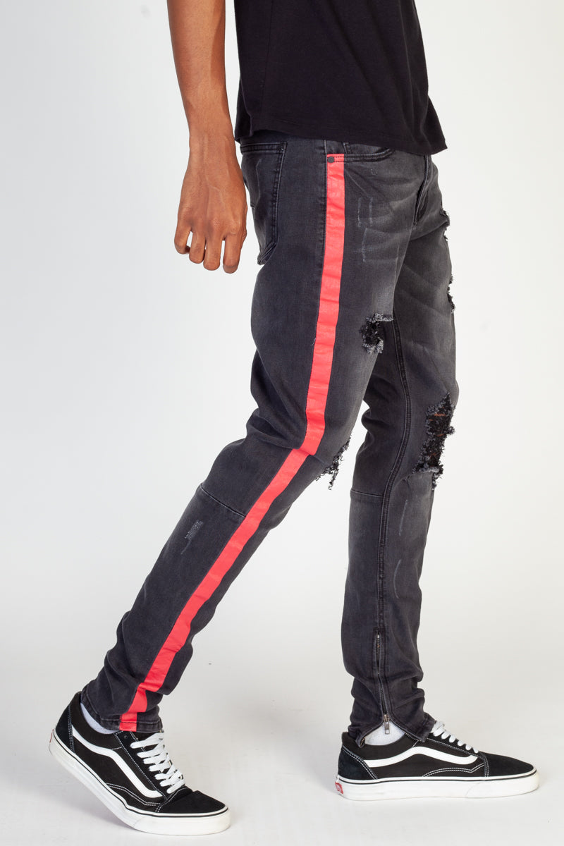 Distressed Side Stripe Jeans (Black) (3961236881510)