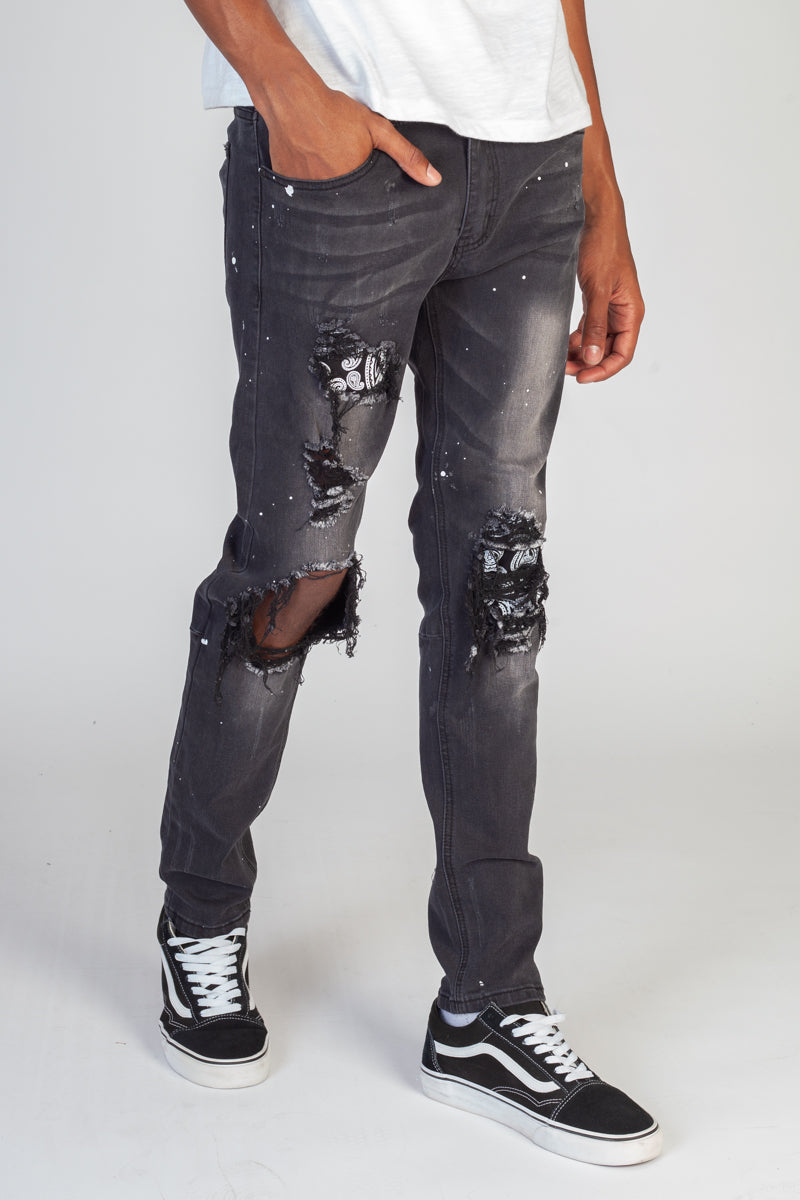 Paisley Patch Skinny Jeans (Dark Medium Gray) (3929900122214)