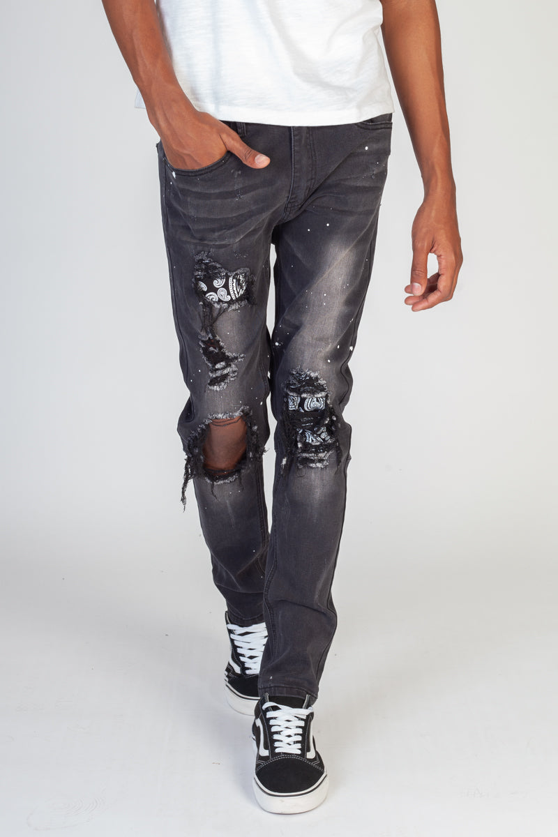 Paisley Patch Skinny Jeans (Dark Medium Gray) (3929900122214)