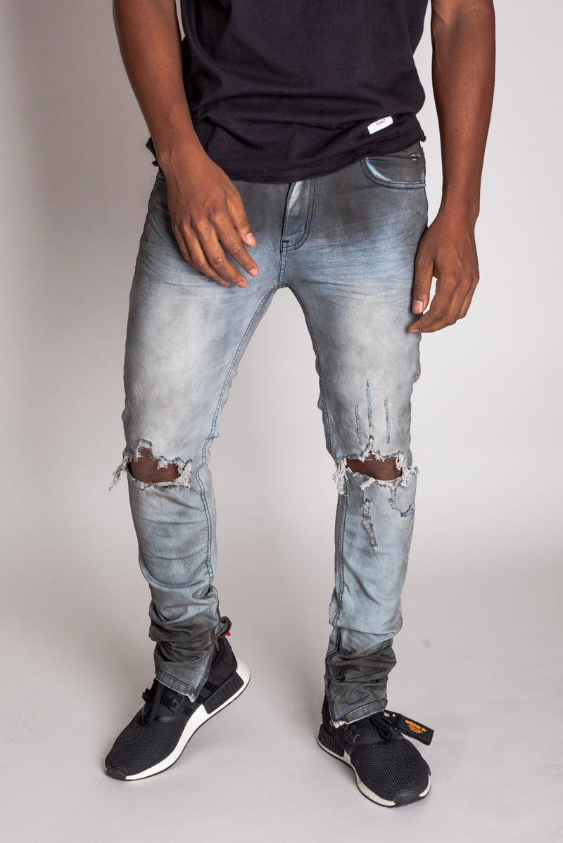 Destroyed at Knee Ankle Zip Jeans (Blue Smoke) (1024531497004)