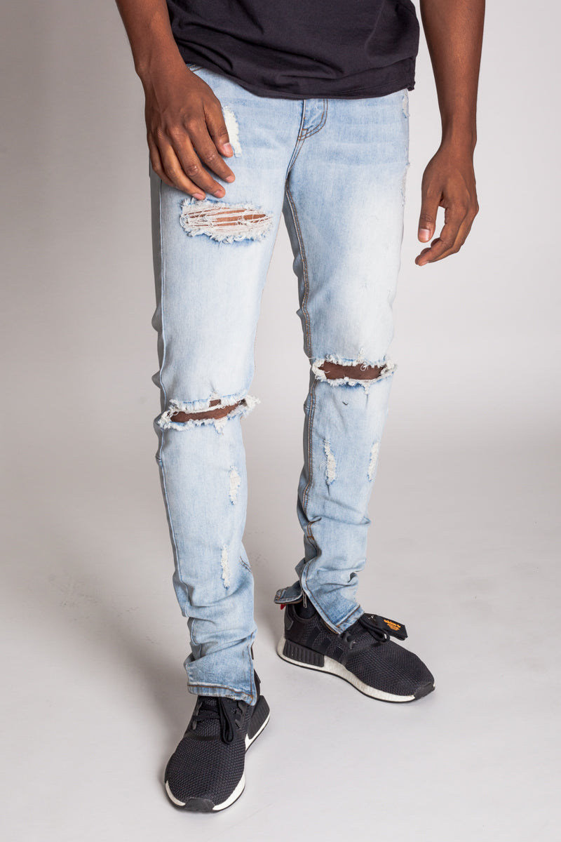 Destroyed Knee Ankle Zip Jeans (Vintage Lt. Blue) (935967195180)