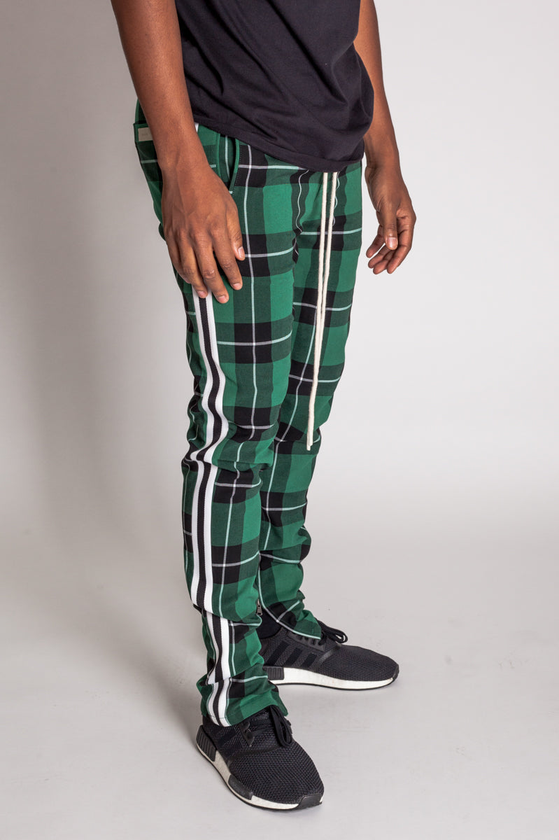 Triple Stripe Plaid Track Pants with Ankled Zippers (Green) (1655754981478)