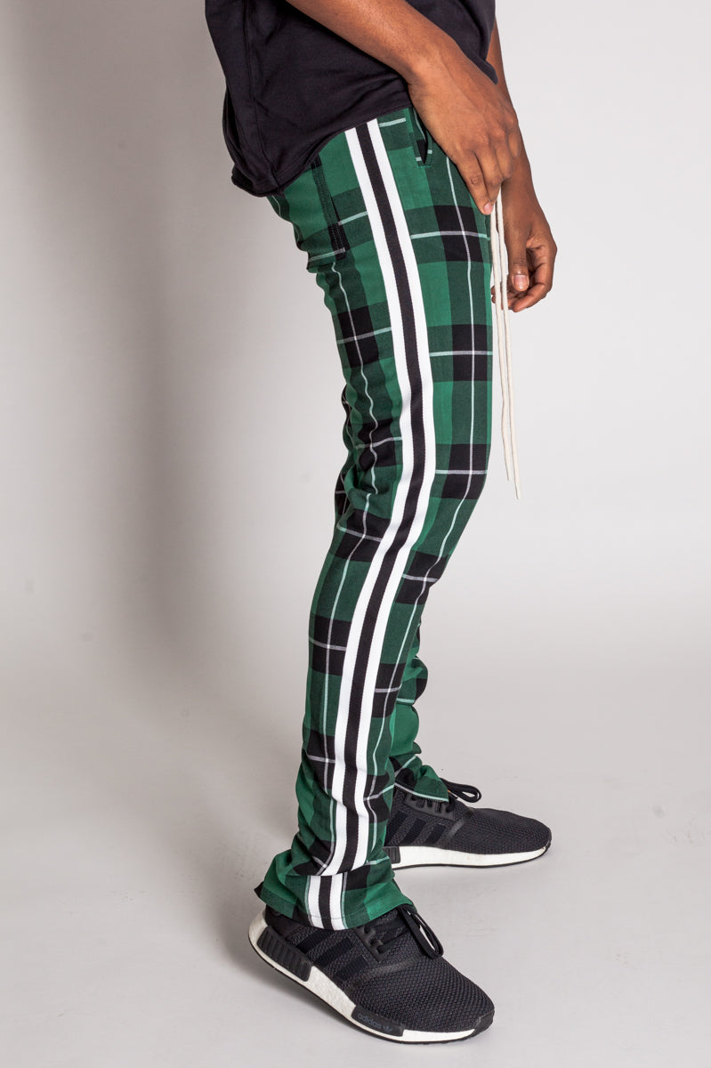 Triple Stripe Plaid Track Pants with Ankled Zippers (Green) (1655754981478)