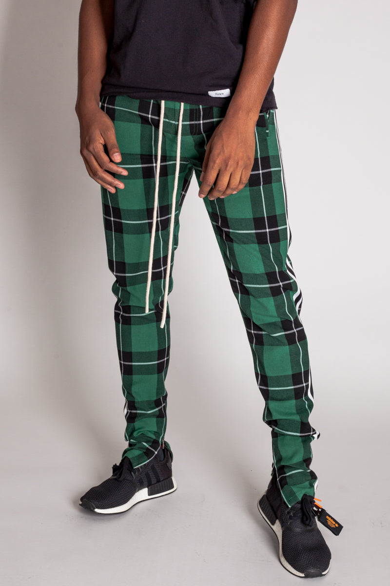 Triple Stripe Plaid Track Pants with Ankled Zippers (Green) (1655754981478)