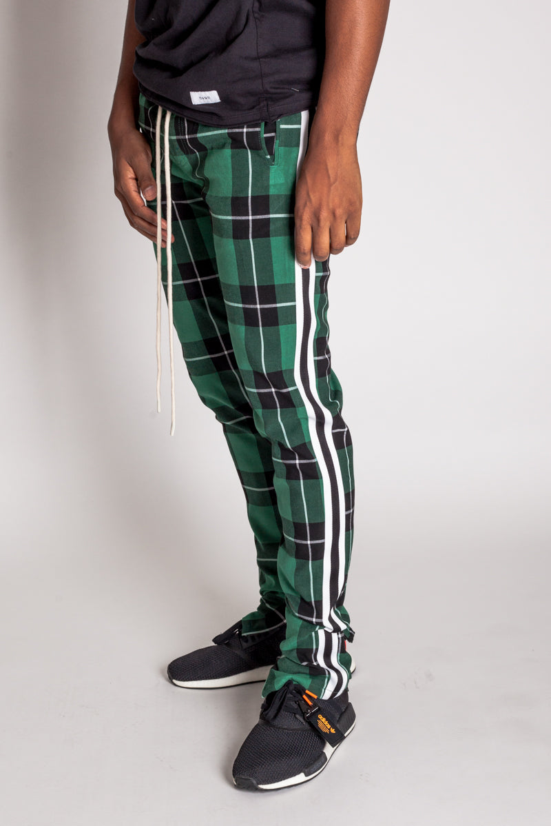 Triple Stripe Plaid Track Pants with Ankled Zippers (Green) (1655754981478)