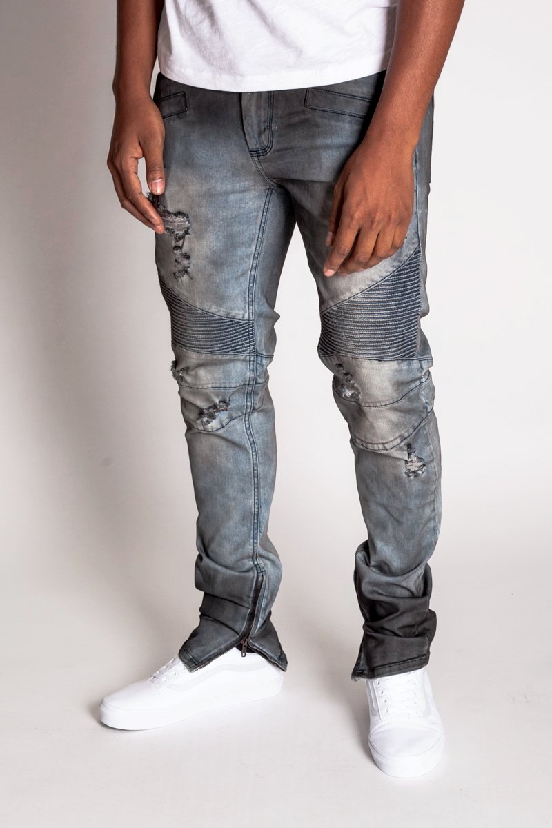 Destroyed Moto Ankle Zip Jeans (Blue Smoke) (1260707741740)