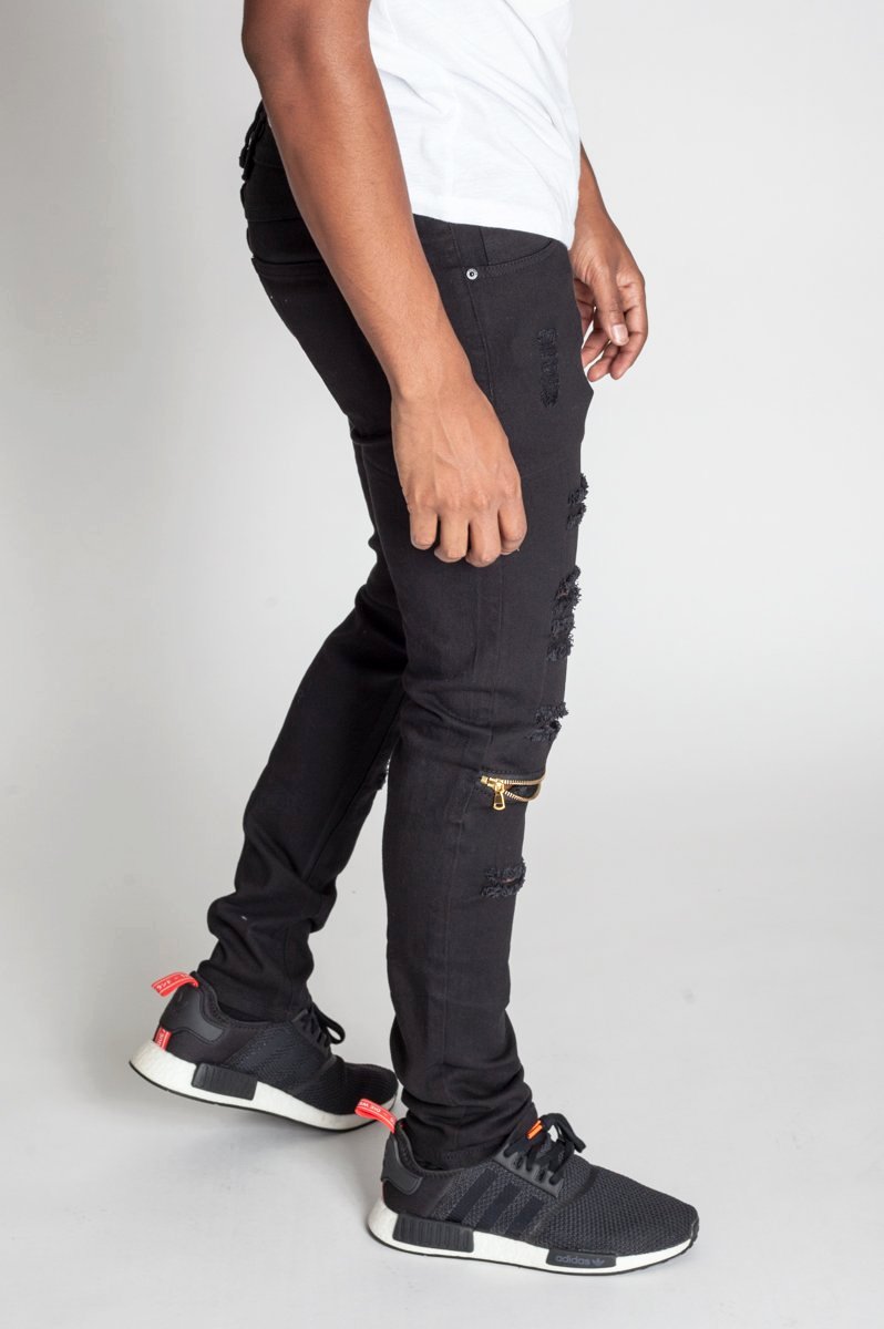 Destroyed Jeans with Knee Zips (Black) (760013717548)