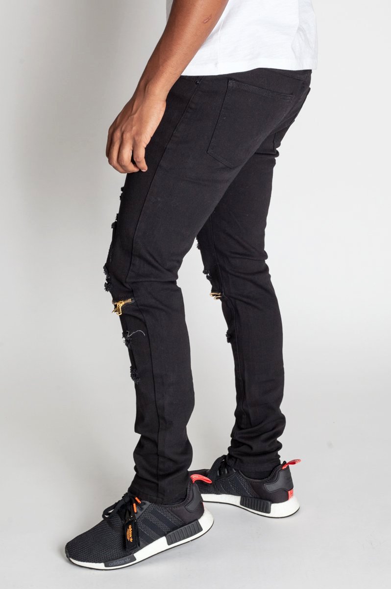 Destroyed Jeans with Knee Zips (Black) (760013717548)