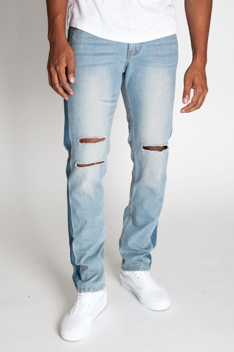 Side Striped Jeans with Knee Slit (Pale Blue) (423221493799)