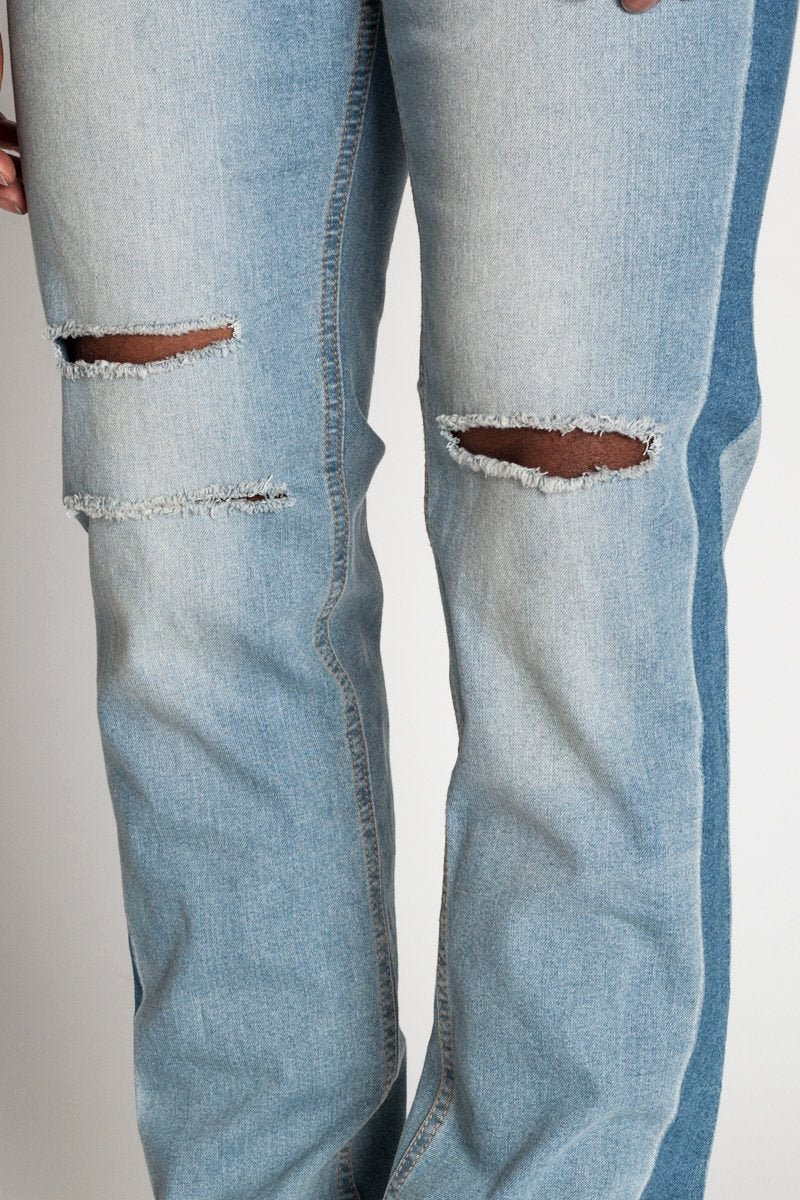 Side Striped Jeans with Knee Slit (Pale Blue) (423221493799)