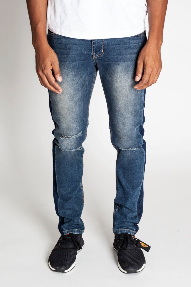 Side Striped Jeans with Knee Slit (Aged Blue) (423217332263)
