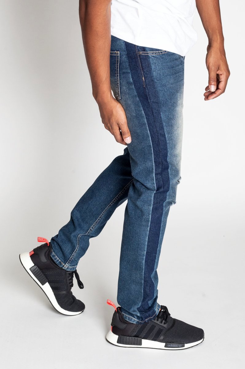 Side Striped Jeans with Knee Slit (Aged Blue) (423217332263)