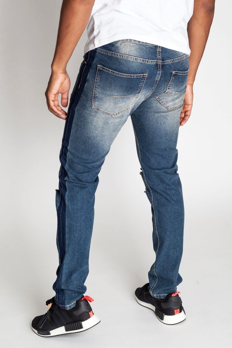Side Striped Jeans with Knee Slit (Aged Blue) (423217332263)