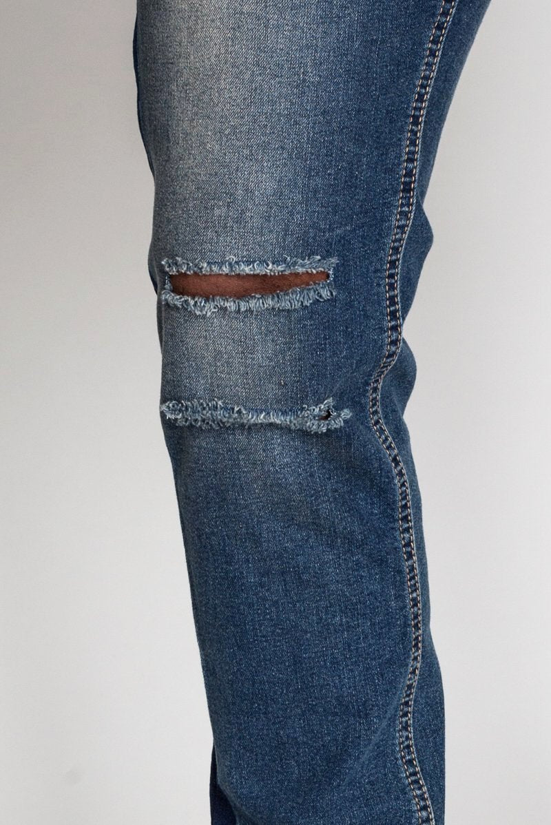 Side Striped Jeans with Knee Slit (Aged Blue) (423217332263)