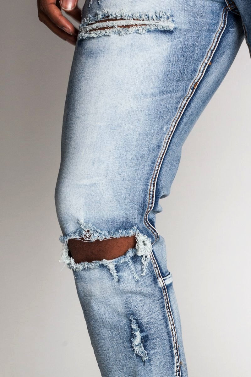 Destroyed Knee Ankle Zip Jeans (Med. Blue) (935963492396)