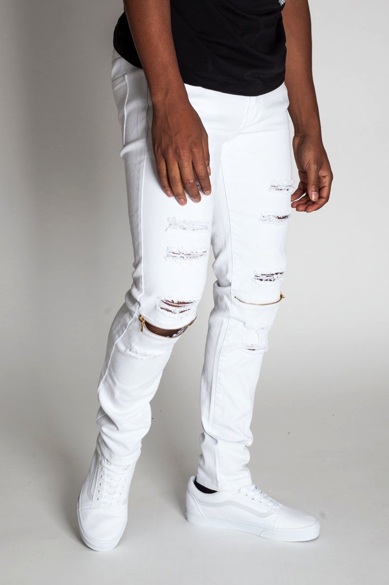 Destroyed Jeans with Knee Zips (White) (760026169388)