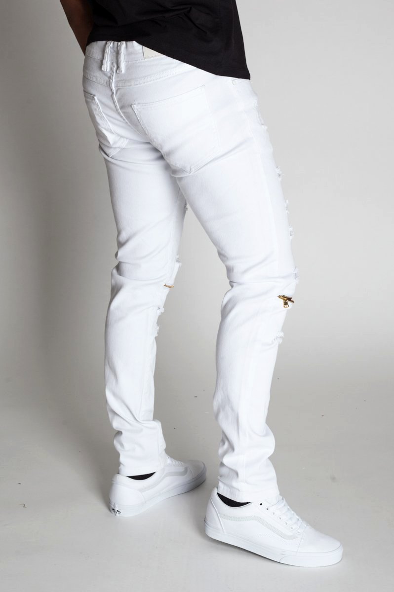 Destroyed Jeans with Knee Zips (White) (760026169388)
