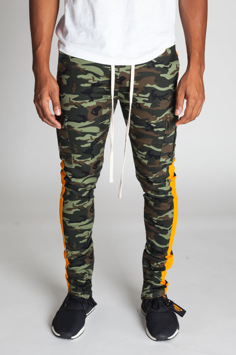 Striped Cargo Track Pants with Ankled Zippers (Olive Camo/Orange Stripes) (581224529964)