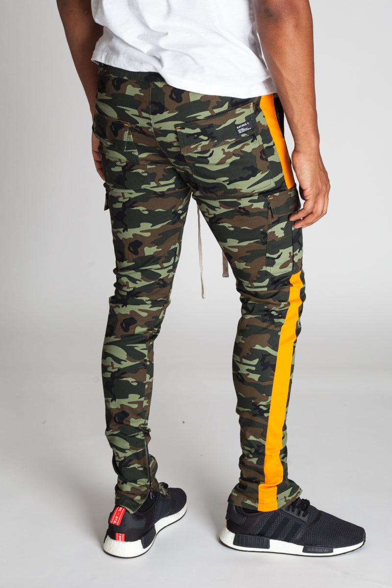 Striped Cargo Track Pants with Ankled Zippers (Olive Camo/Orange Stripes) (581224529964)
