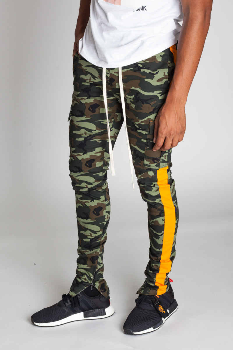 Striped Cargo Track Pants with Ankled Zippers (Olive Camo/Orange Stripes) (581224529964)