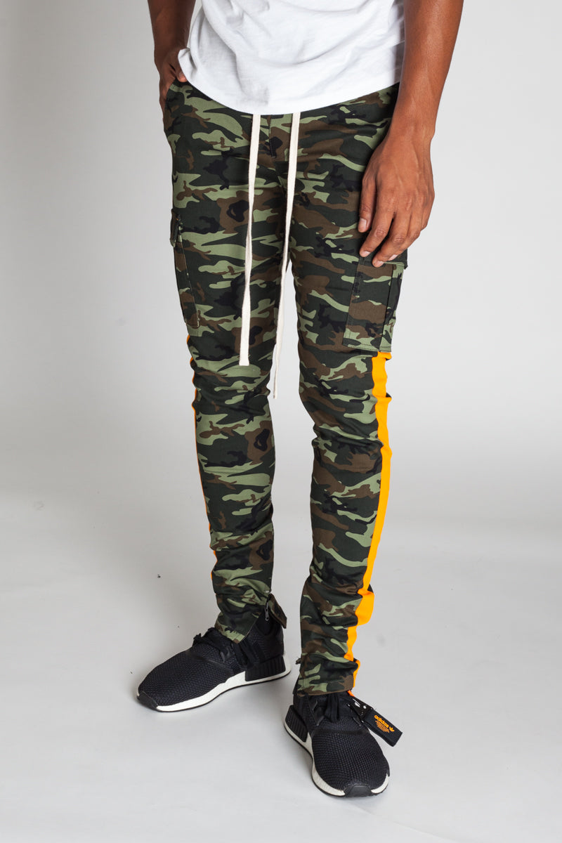 Striped Cargo Track Pants with Ankled Zippers (Olive Camo/Orange Stripes) (581224529964)