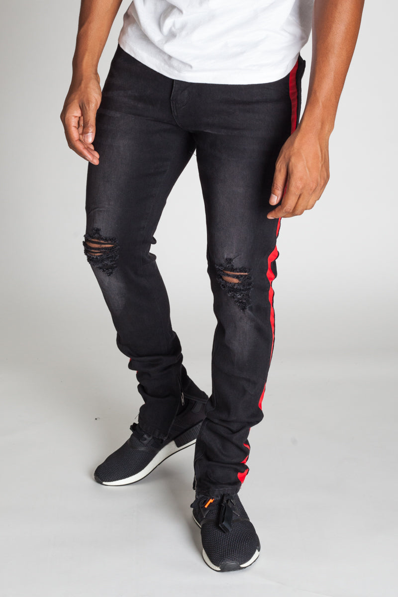 Striped Track Jeans with Ankled Zippers (Black/Red Stripes) (457351200807)