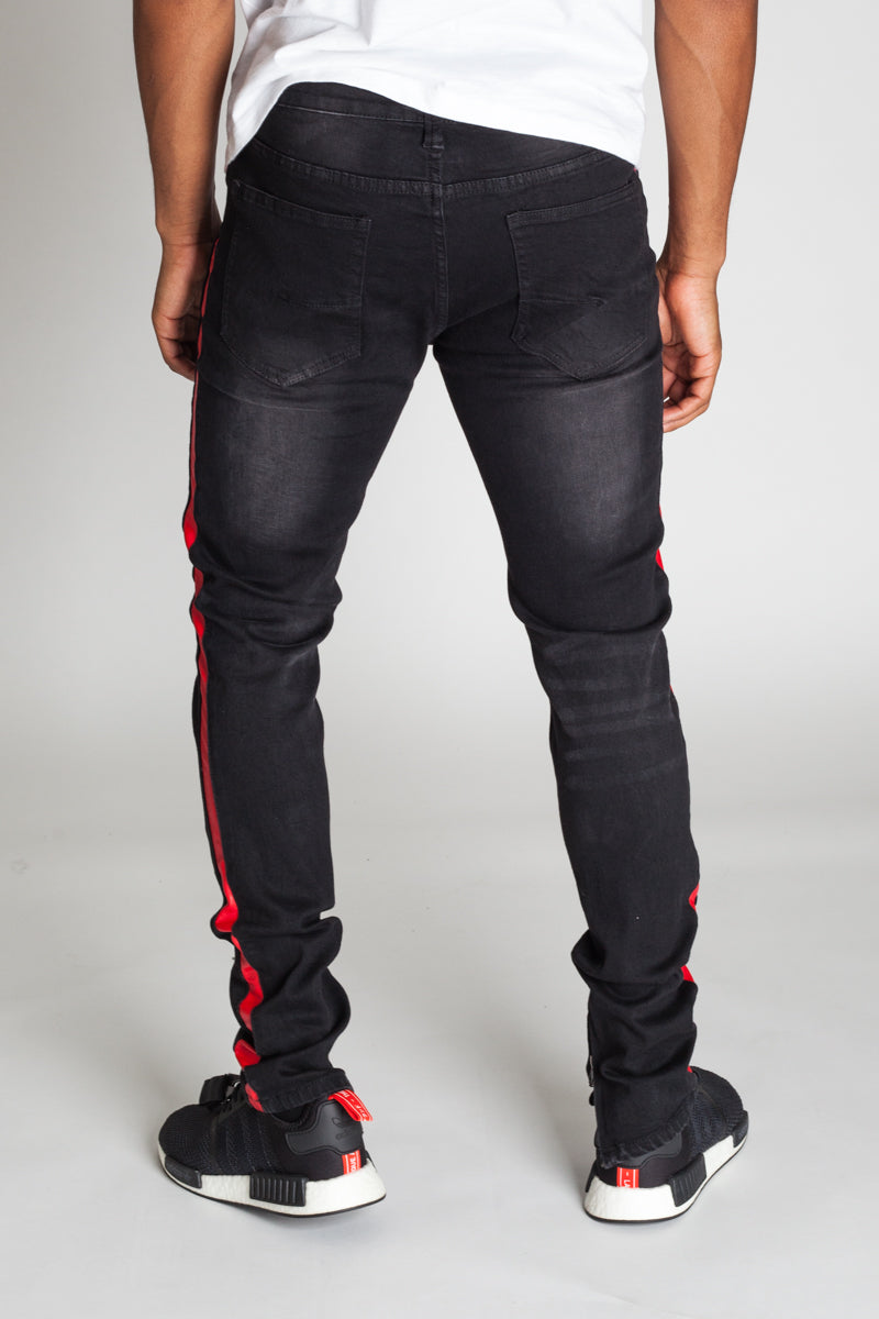 Striped Track Jeans with Ankled Zippers (Black/Red Stripes) (457351200807)