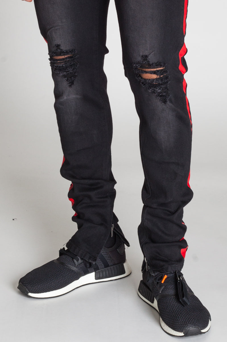 Striped Track Jeans with Ankled Zippers (Black/Red Stripes) (457351200807)