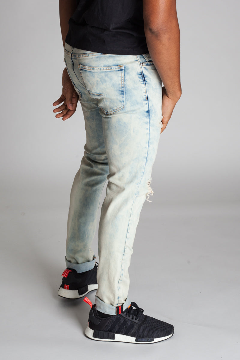 Inner Tape Destroyed Knee Skinny Jeans (Tinted Ice Blue) (1636320444518)