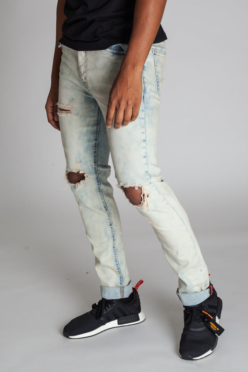 Inner Tape Destroyed Knee Skinny Jeans (Tinted Ice Blue) (1636320444518)