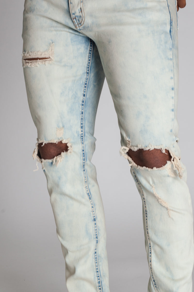 Inner Tape Destroyed Knee Skinny Jeans (Tinted Ice Blue) (1636320444518)