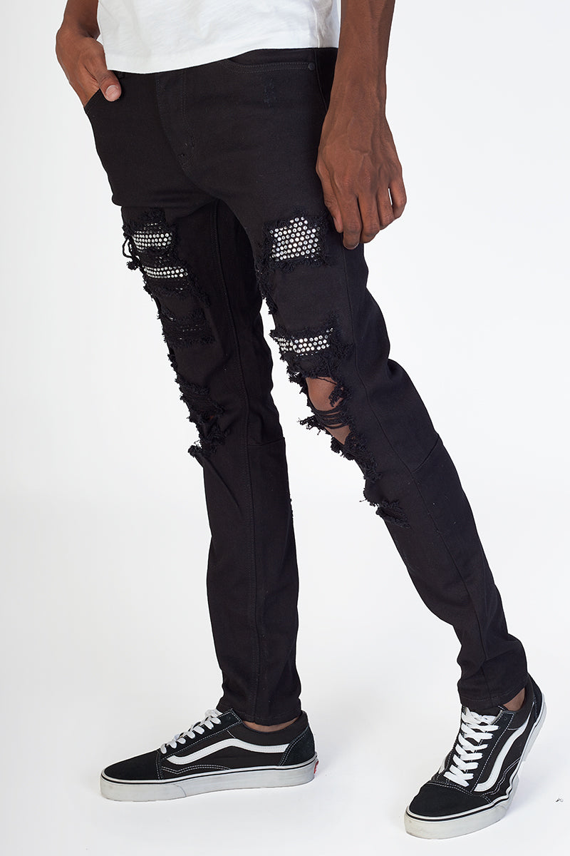 Clear Rhinestones Patched Twill Pants (Black) (4890833682534)