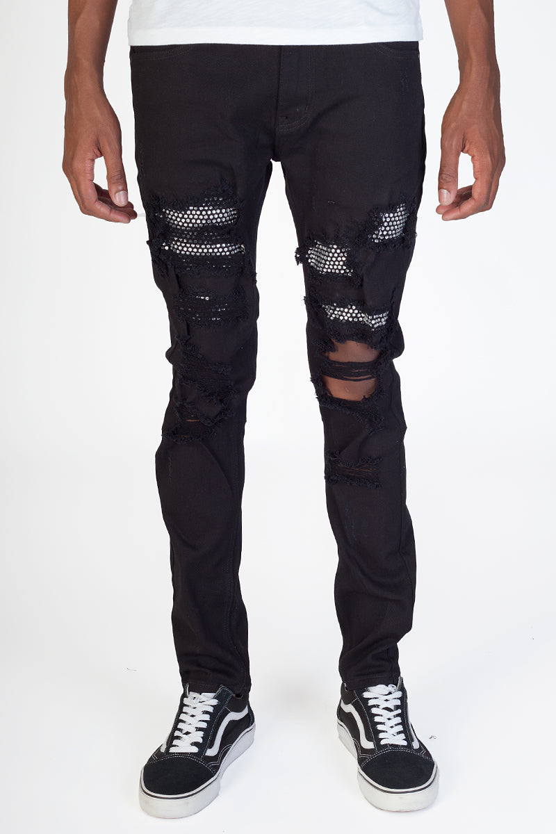 Clear Rhinestones Patched Twill Pants (Black) (4890833682534)