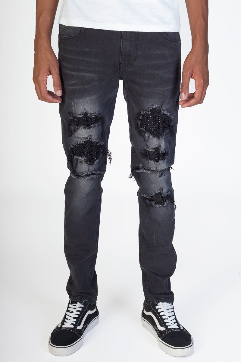 Rhinestones & Stud Patched Jeans (Black) (4890851868774)