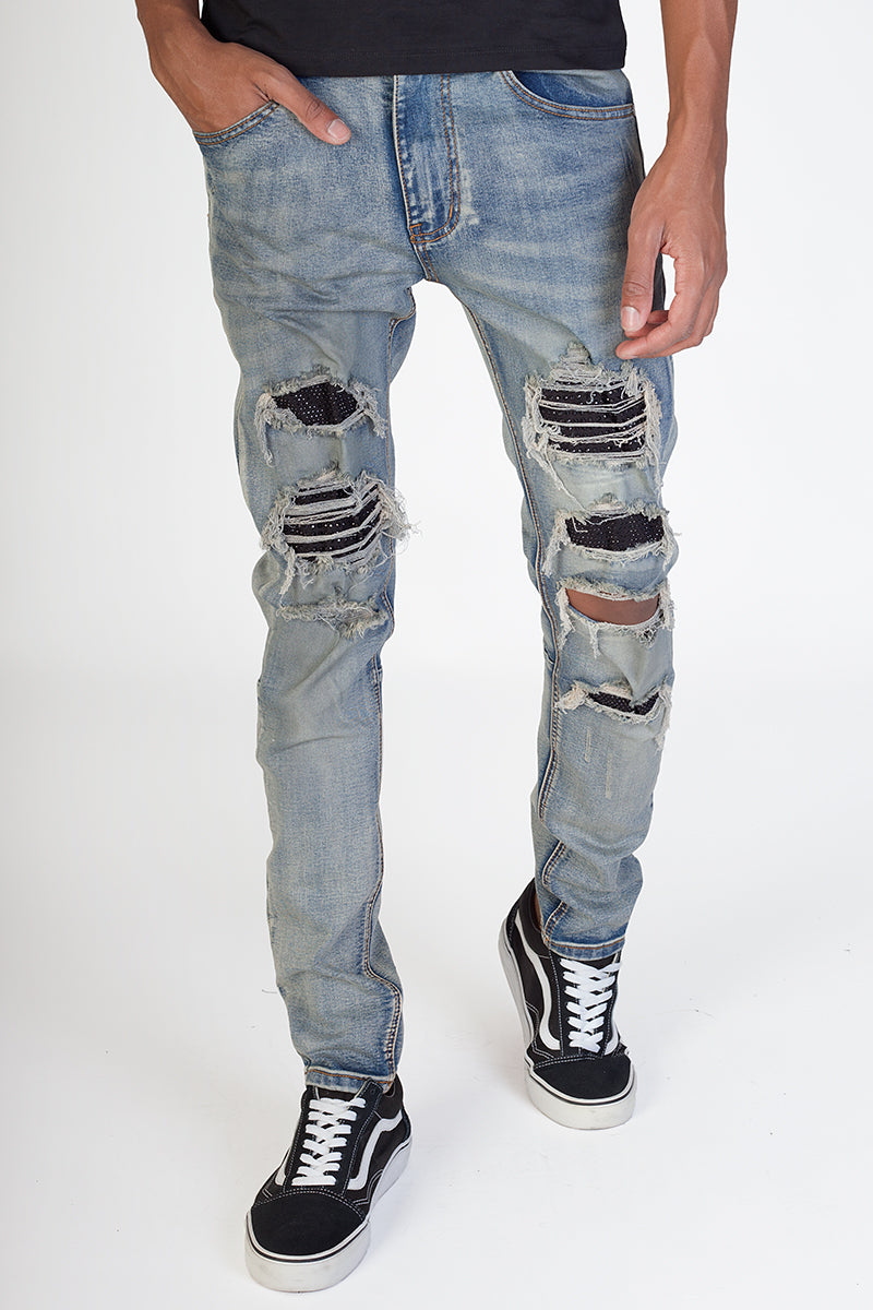 Rhinestones & Stud Patched Jeans (Vintage Medium Blue) (4890849640550)