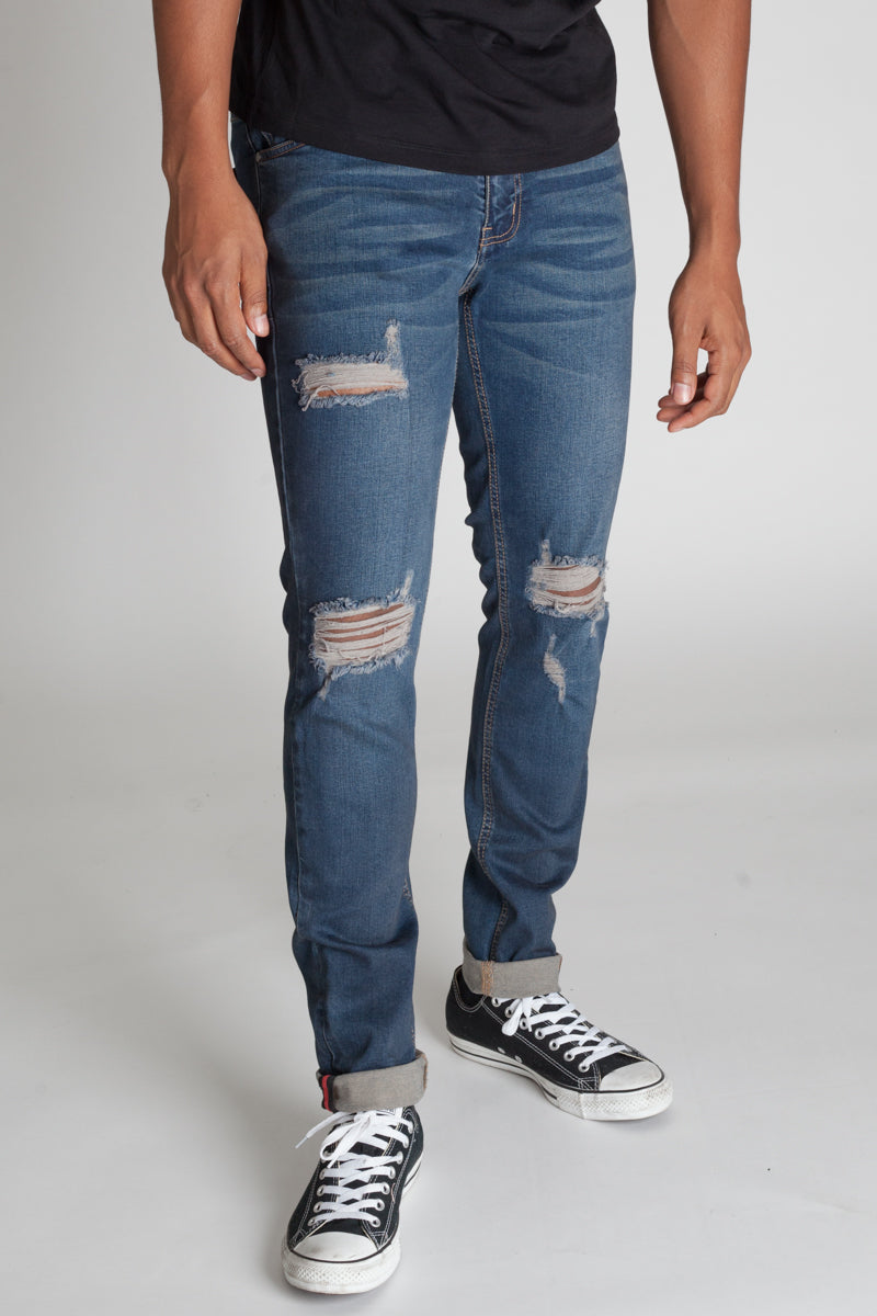 Inner Tape Destroyed Knee Skinny Jeans (Dark Slate Blue) (1636321984614)