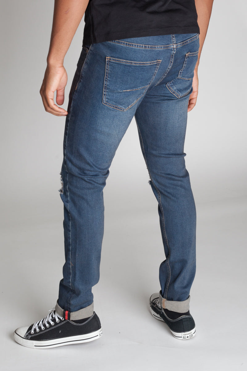 Inner Tape Destroyed Knee Skinny Jeans (Dark Slate Blue) (1636321984614)