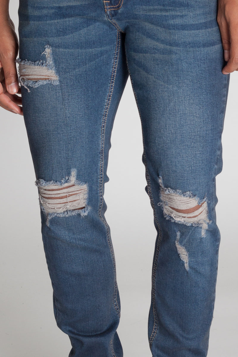 Inner Tape Destroyed Knee Skinny Jeans (Dark Slate Blue) (1636321984614)