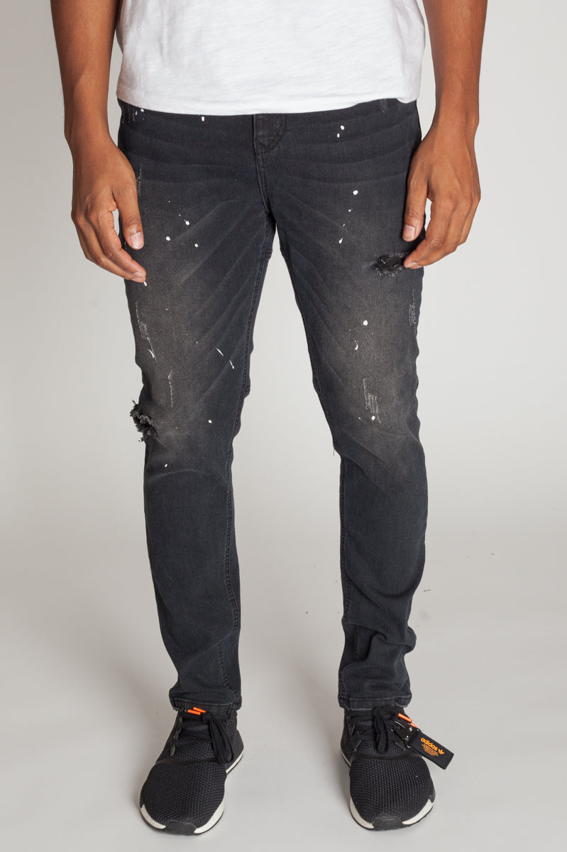 Tapered Jeans with Paint Splatter (Black) (394810720295)