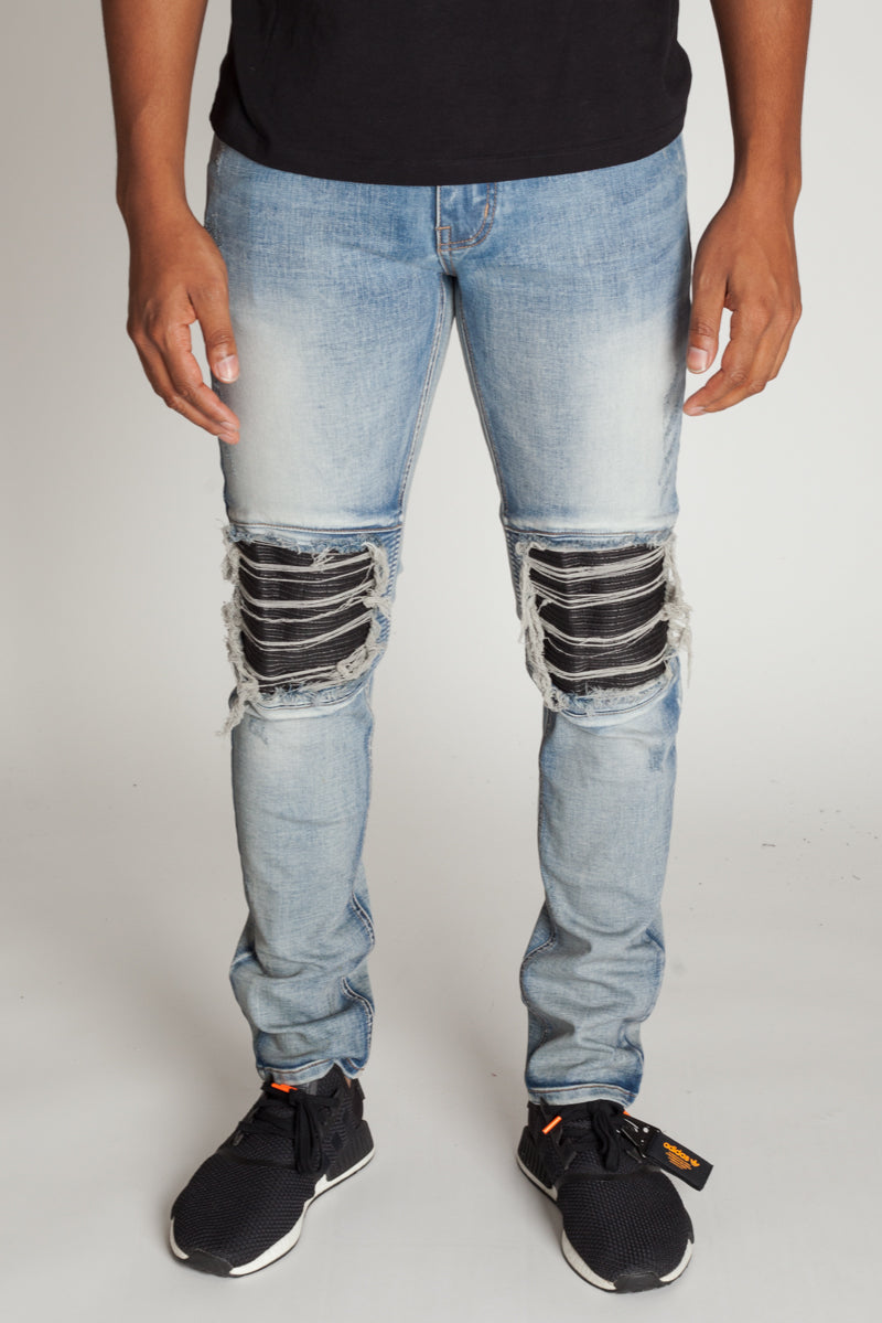 PU Moto Patch Jeans (Vintage Medium Blue) (1645460095078)