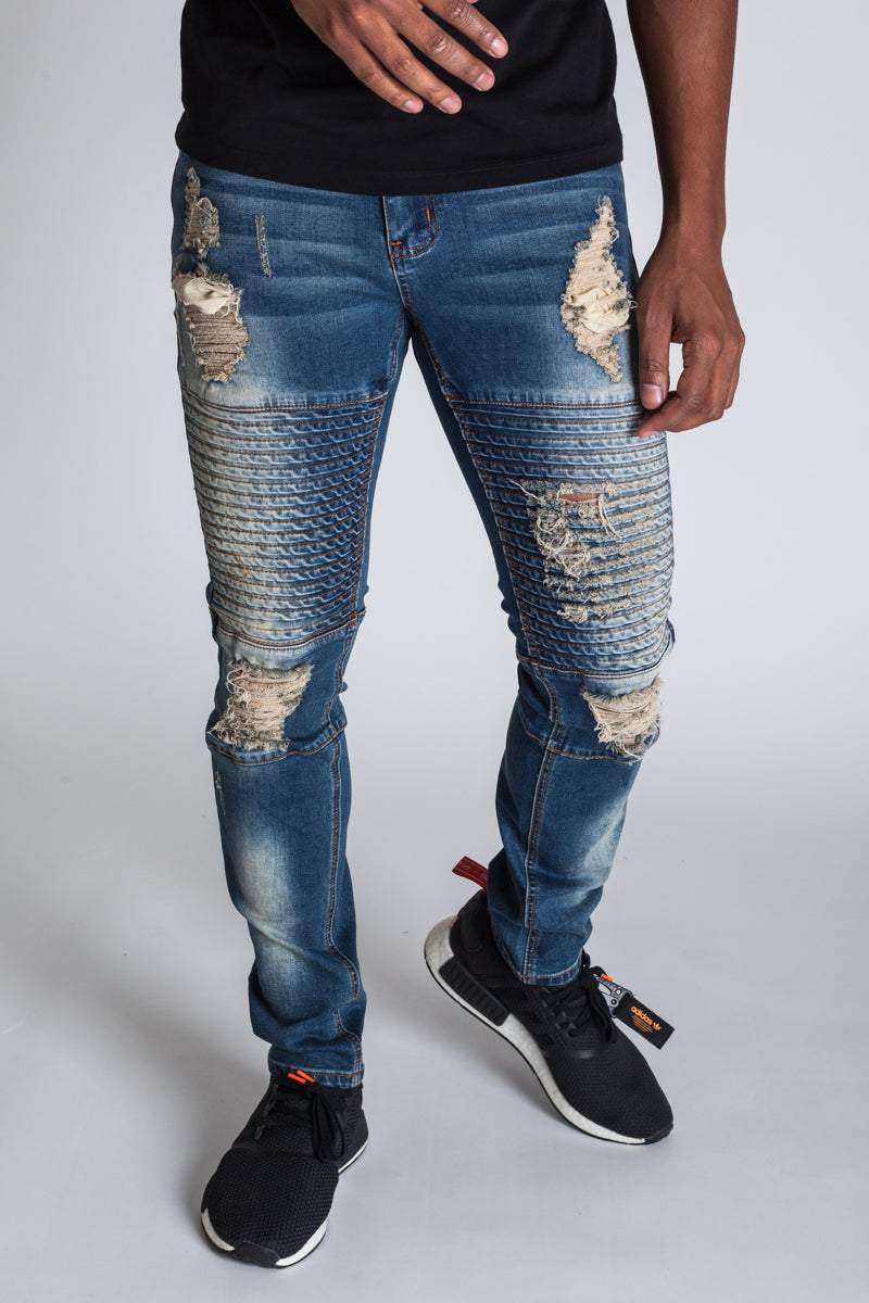 Pintucked Moto Jeans (Tinted Dark Blue) (392951070759)